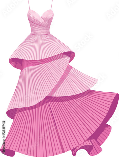Elegant Layered Pink Dress with Pleated Asymmetrical Skirt and Sweetheart Neckline – Fashion Vector for Formal and Artistic Design