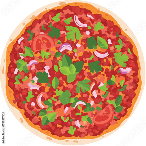 Thin Lahmacun flatbread topped with a savory mixture of minced meat, fresh herbs, and vegetables, perfect for Turkish cuisine and street food themes