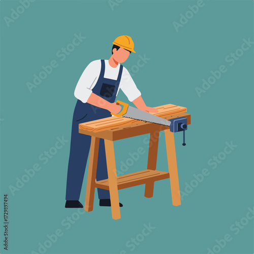 A man in overalls and a hard hat uses a hand saw on a piece of wood held in a workbench vice against an aqua background.