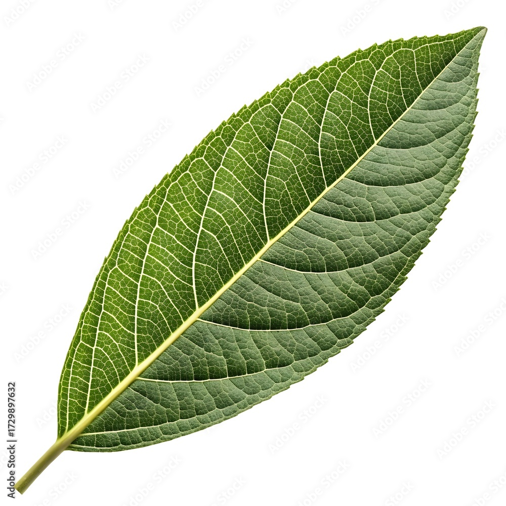 Obraz premium Velvet Bush Willow Leaf Soft Tropical Green Elegance with Elongated Blades and Gentle Textured Veins Radiating Natural Freshness and Exotic Charm on White Background