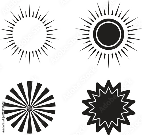 sun icon set, sunshine and solar glow, sunrise or sunset. Decorative circle full and half sun and sunlight.