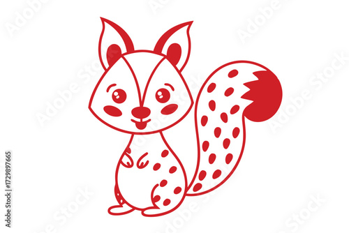 Cartoon squirrel with red outlines stands against a stark white seamless background looking cute