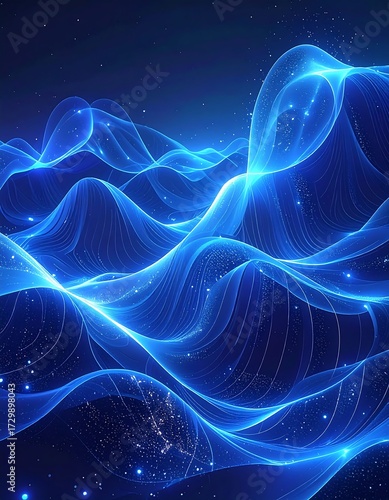 Abstract wavy lines of light blue glow against a dark blue night sky