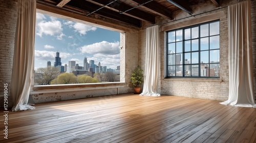Cityscape Vista from Open Room: An expansive open room showcases a breathtaking city skyline through large, inviting windows, perfectly framing the urban scenery beyond.