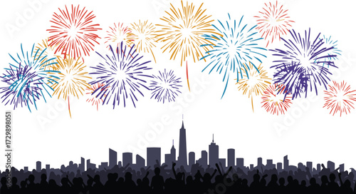 Vibrant fireworks illuminating the night sky above a silhouetted city skyline with a cheering crowd, a festive vector illustration for celebrations