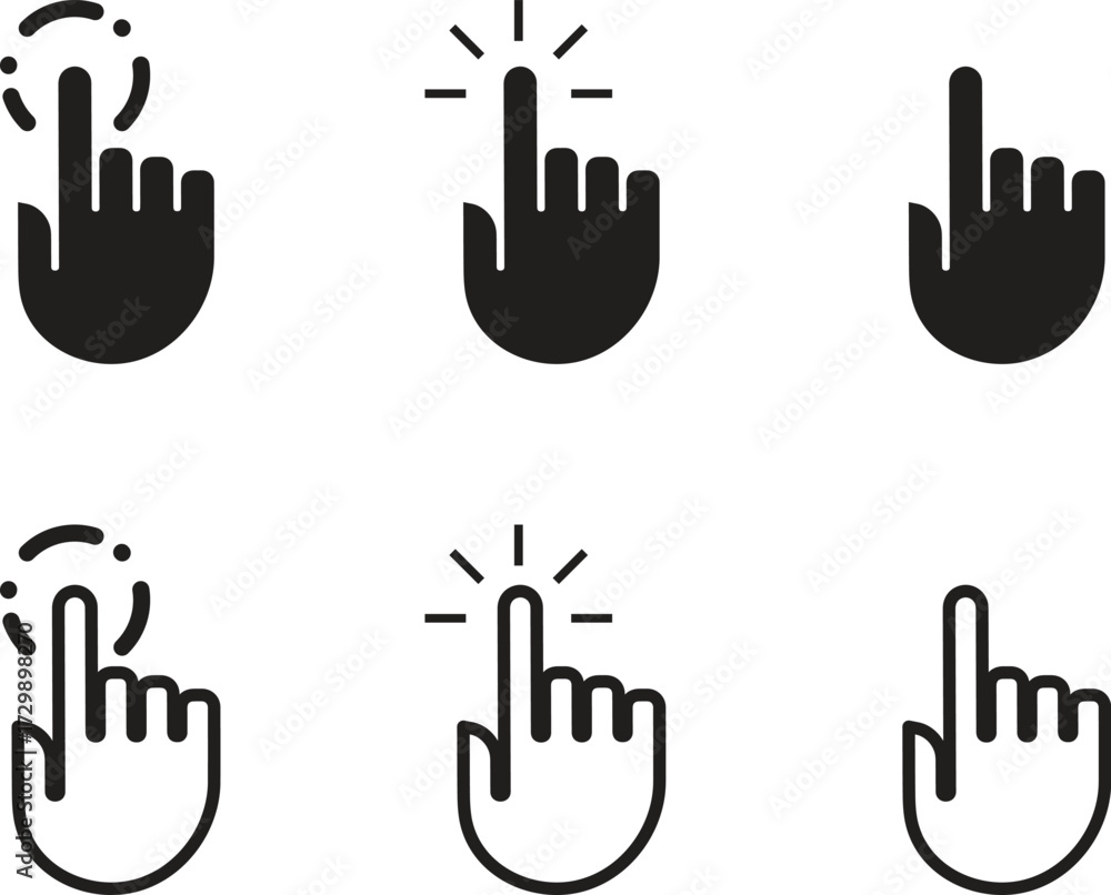 Obraz premium Hand Pointer Cursor Icon Collection. Mouse Click Symbol Set. Clicking Finger Gesture. Computer Cursor Outline. Modern UI Pointer. Touchscreen Interaction.