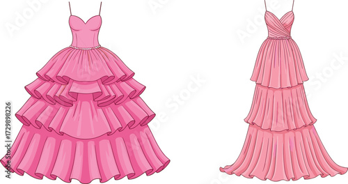 Elegant pink ball gown and tiered evening dress with straps, ruffles, sweetheart neckline, fashion illustration for formal wear collection
