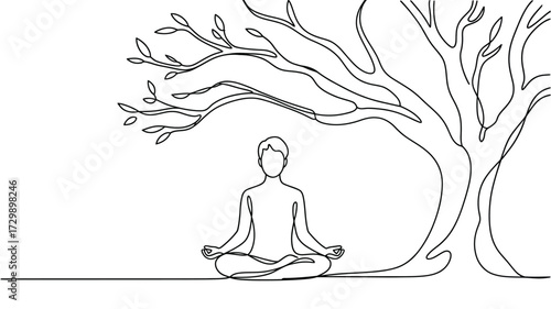 Serene one line drawing of a person meditating peacefully under a large sprawling tree symbolizing nature connection and inner calm