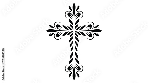 Elegant black ornamental cross design with intricate floral flourishes and decorative swirling patterns on a white background symbolizing faith and spirituality