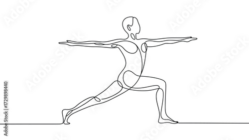Continuous line drawing of a person in a warrior ii yoga pose emphasizing strength balance and mindful movement with clean minimalist artistic style