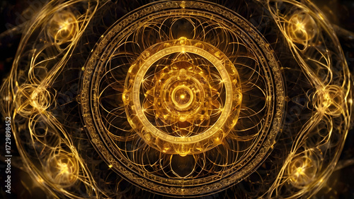 Sacred geometry art, overlapping circles, symmetrical golden glowing shapes, spiritual design.