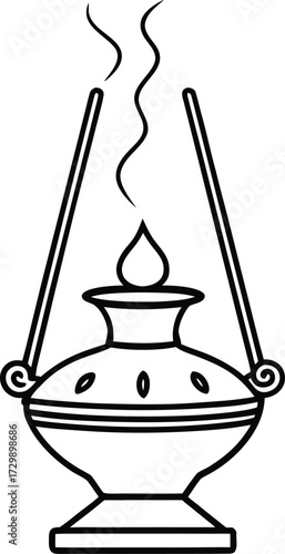 incense burner with smoke trail line art on transparent background