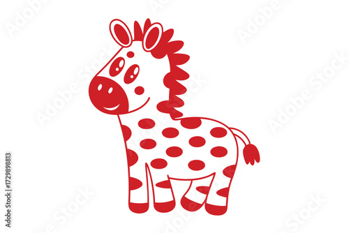 Charming red and white cartoon zebra displays polka dots with playful innocence on plain background