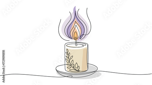 A single lit candle with a decorative floral pattern on its wax its flame flickering with purple and orange hues set against a clean white background with a subtle wire element