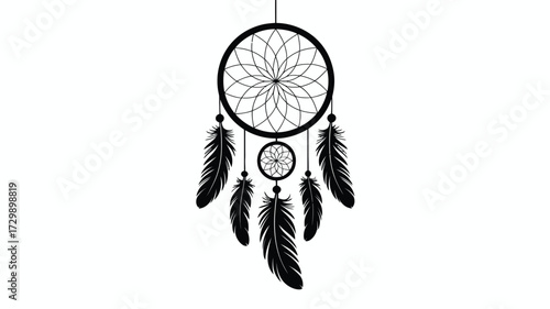 A simple black and white illustration of a dreamcatcher with intricate web detail and dangling feathers symbolizing protection and good dreams