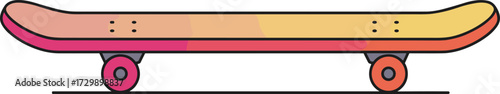 Gradient skateboard vector illustration with pink, orange, and yellow deck, colorful wheels, modern design, side view for urban sport content