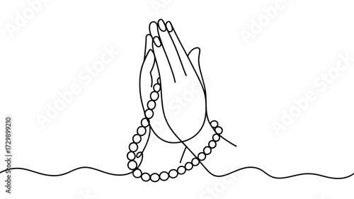 Minimalist continuous line drawing of hands clasped together in prayer adorned with a string of prayer beads symbolizing faith meditation and spiritual connection against a clean white background