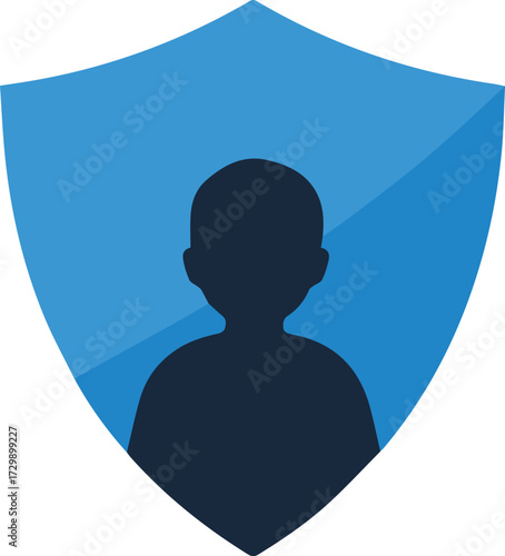 Concept of user protection and data privacy, illustrated by a person silhouette inside a blue security shield icon