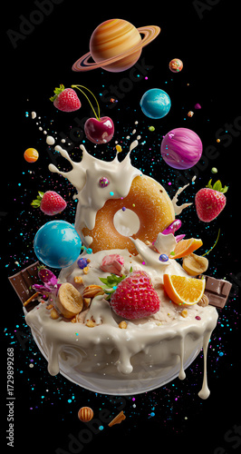 Whimsical cosmic breakfast bowl overflowing with donuts planets and fruit in milky way splash