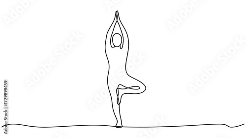 Minimalist single line drawing of a woman in a graceful tree pose or vrksasana yoga asana symbolizing balance health and mindfulness with a clean modern aesthetic