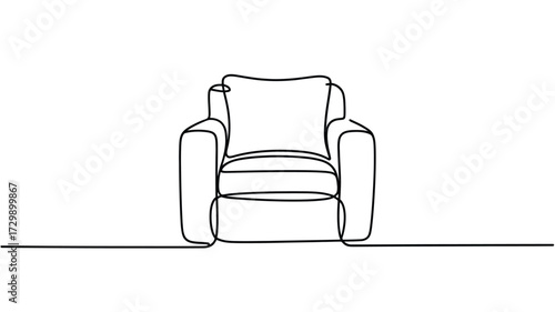 Minimalist single line drawing of a comfortable armchair with plush cushions and wide armrests presented against a stark white background for a clean modern aesthetic