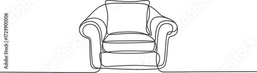 Minimalist single line drawing of a comfortable armchair with plush cushions showcasing a simple and elegant furniture design against a plain grey background