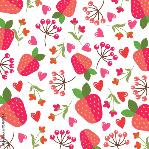 Seamless pattern with strawberry on color background. Natural delicious fresh ripe tasty fruit. Vector illustration for print, fabric, textile, banner, other design. Food concept