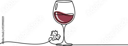 Elegant single line drawing of a wine glass filled with red wine with a delicate grape vine and leaves subtly incorporated into the continuous line art