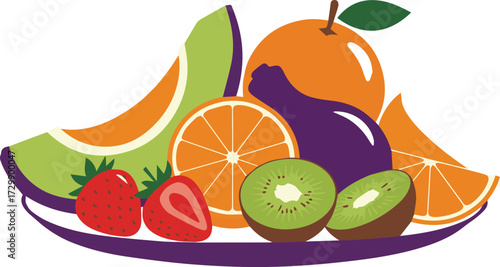 A vibrant and delicious assortment of fresh fruits on a platter, featuring melon, orange, kiwi, and strawberry in a flat vector style illustration