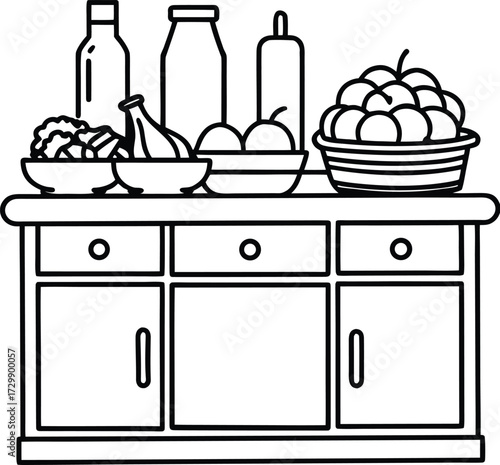 kitchen counter with fresh vegetables line art on transparent background