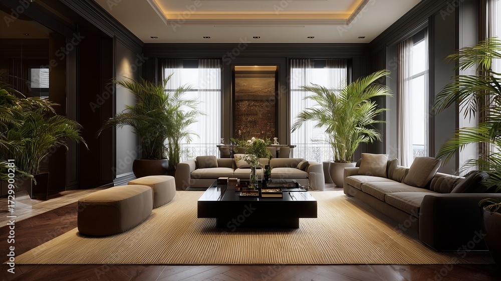 Fototapeta premium Elegant Living Room: A luxurious living room, bathed in natural light, exudes a sense of sophistication and tranquility, creating an inviting atmosphere for relaxation and entertainment.