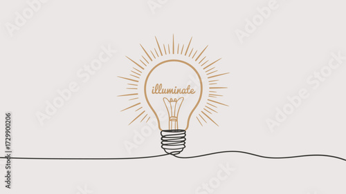 A glowing incandescent light bulb with radiating lines symbolizing a bright idea or inspiration presented in a minimalist line art style on a clean white background
