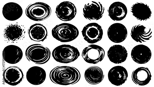 Collection of textured black circles abstract brush strokes shapes grunge art elements