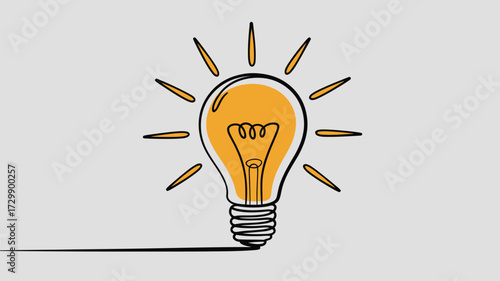 A bright glowing incandescent light bulb with radiating lines symbolizing a new idea or inspiration against a simple gray background representing creativity and innovation