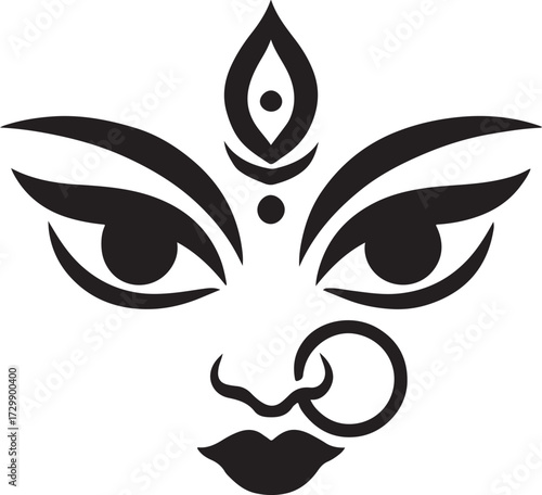 Goddess Durga Face Icon Black Vector Silhouette of Devi Eyes Third Eye and Nose Ring for Navratri Diwali Hindu Festival and Spiritual Design