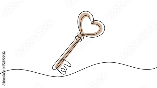 A whimsical hand drawn single line art illustration of an antique key with a heart shaped bow symbolizing love romance and unlocking secrets on a minimalist background