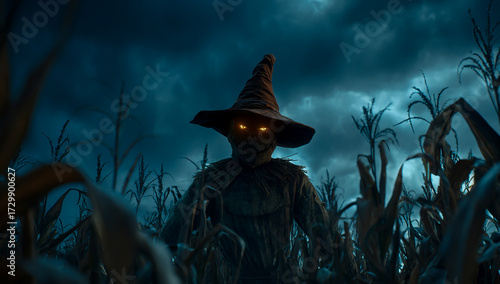 Spooky scarecrow with glowing eyes standing in a dark cornfield at night
