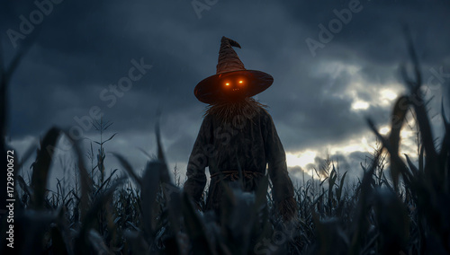 Scary glowing eyed scarecrow stands menacingly in a dark cornfield at night