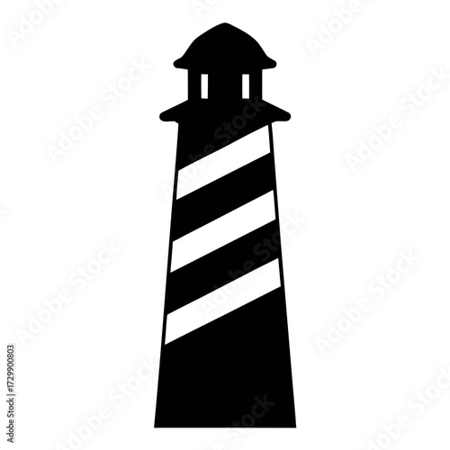 Classic black and white striped lighthouse silhouette standing tall against a white background