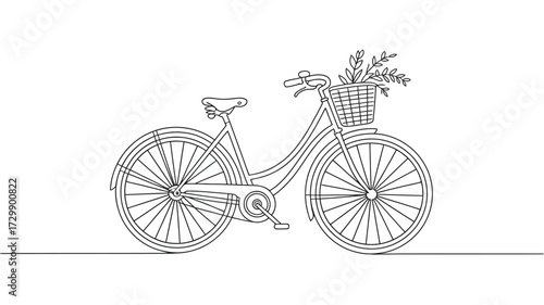 Elegant single line drawing of a vintage bicycle with a basket full of flowers perfect for conveying a sense of nostalgia freedom and simple pleasures