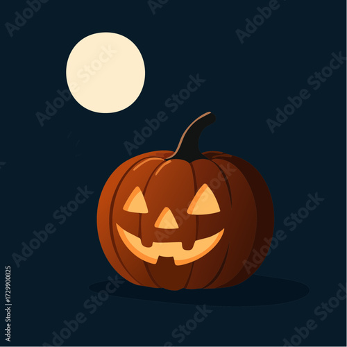 A glowing jack-o'-lantern with a carved face sits under a full moon in a dark night sky.