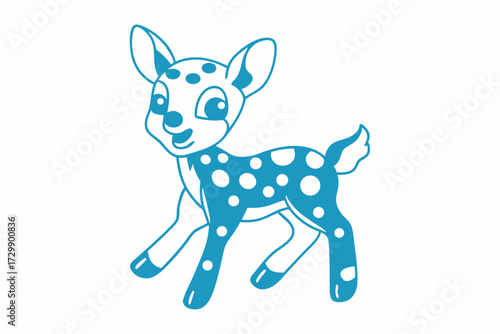 Cheerful blue cartoon fawn standing and smiling with playful white spots around body