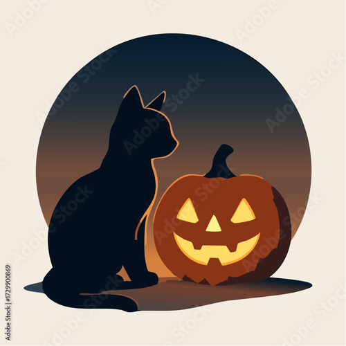 A silhouette of a black cat sitting next to a glowing jack-o'-lantern against a dark, circular background, evoking a Halloween atmosphere.