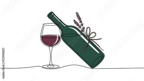 Elegant single line drawing of a dark green wine bottle with a sprig of lavender tied with a ribbon next to a glass filled with red wine on a white background