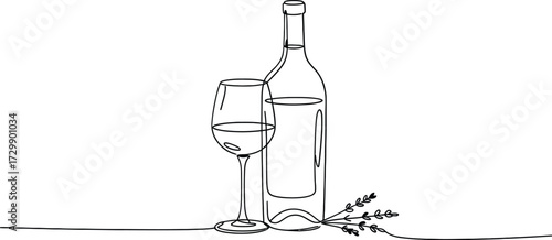 Elegant single line drawing of a wine bottle and a wine glass with a sprig of lavender representing a sophisticated and minimalist celebration or relaxation moment
