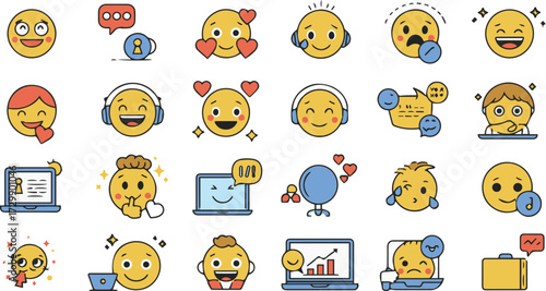Vector icon pack of cute cartoon smiley characters for online chat, customer support, and social networking