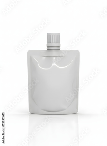 Blank White Stand-Up Pouch Mockup with Cap on Reflective White Background