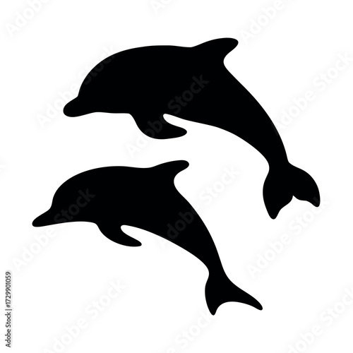 Two silhouetted dolphins leaping and playing together in the ocean water
