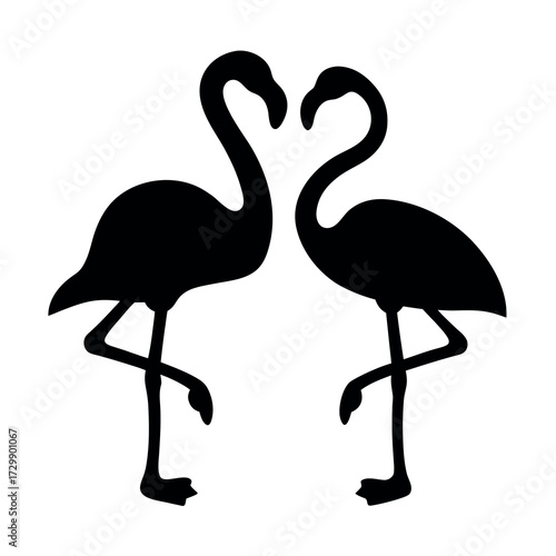 Two elegant black silhouettes of flamingos standing on one leg facing each other