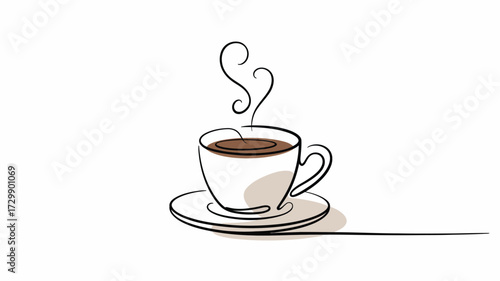 A minimalist line drawing of a steaming cup of coffee on a saucer evoking warmth and a morning ritual with elegant flowing steam lines